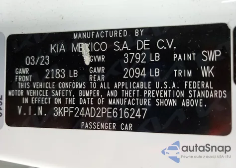 2023 Kia Forte Lx из США, поврежденный, VIN 3KPF24AD2PE616247